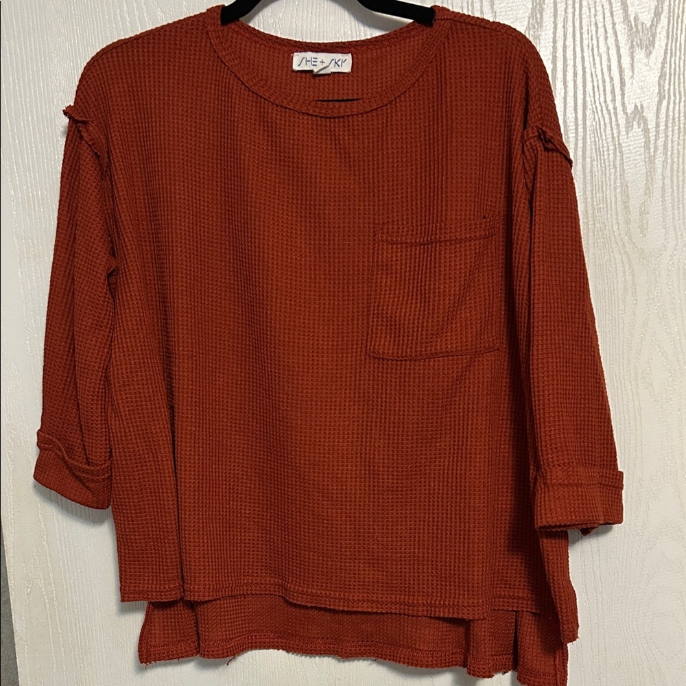 She + sky, Rust Orange Waffle Knit Top, Size S